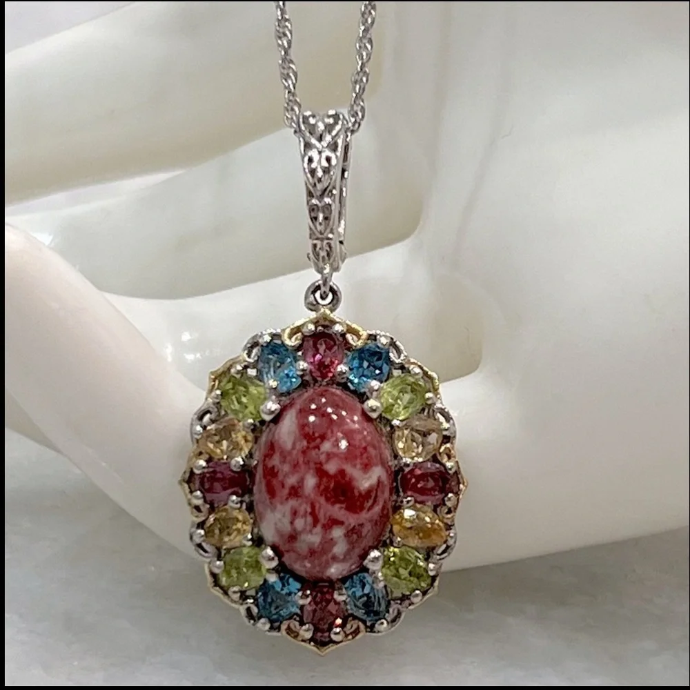 Norwegian Thulite Multigemstone 14K YG Sterling Silver Pendant 20” Necklace